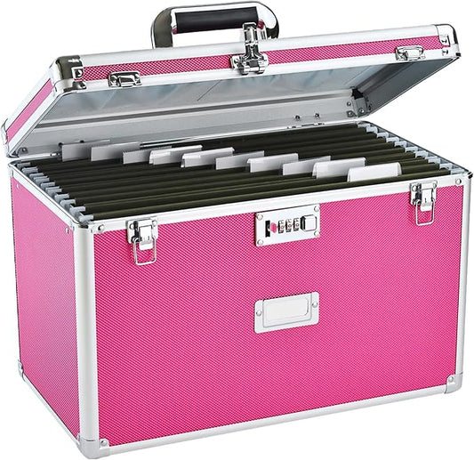 File Storage Cabinet for Legal Size Hanging File Folders, Suspension File Holder, Document Organizer Filing Lockbox in Office and Home with Combination Lock and 10-pack Hanging Files (Pink, Legal)