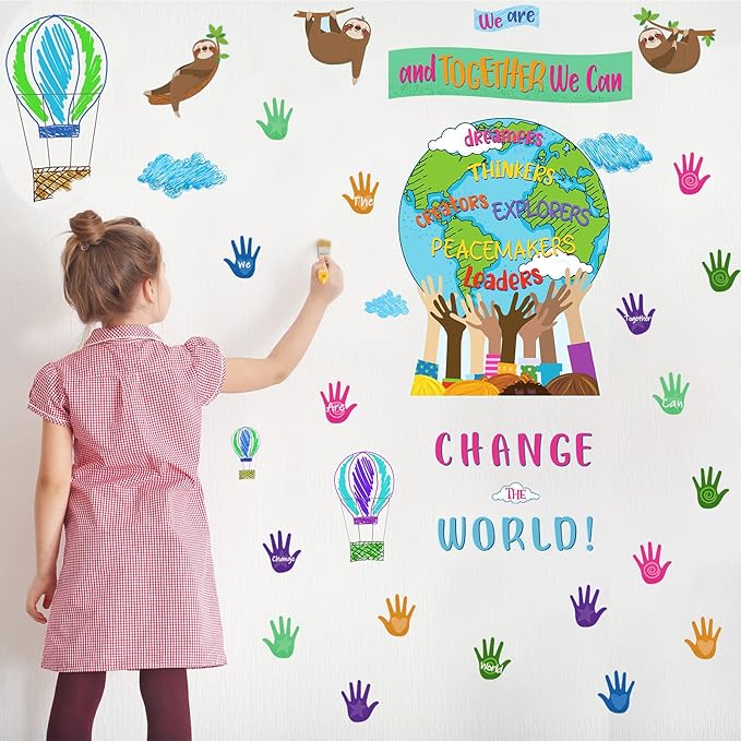 Gersoniel 67 Pcs One World Together We are and Together We Can Change The World Classroom Bulletin Board Set Decorations Back to School Board Border for Party Classroom School Chalkboard Wall Decor