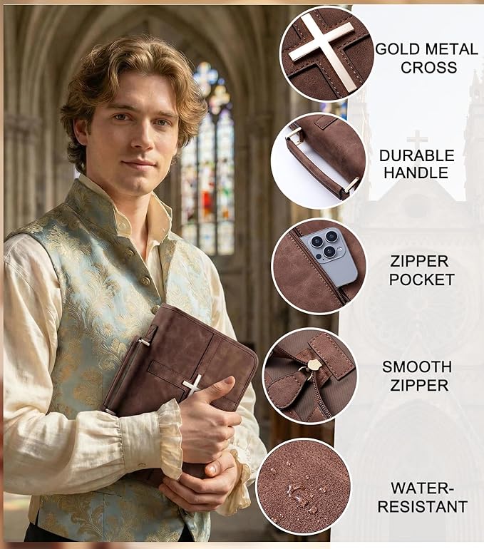Vegan Leather Bible Bag with Zipper and Handle, Bible Cover Case Organizer for Standard Size Bibles and Accessories, Christian Gift for Men and Women (Brown)