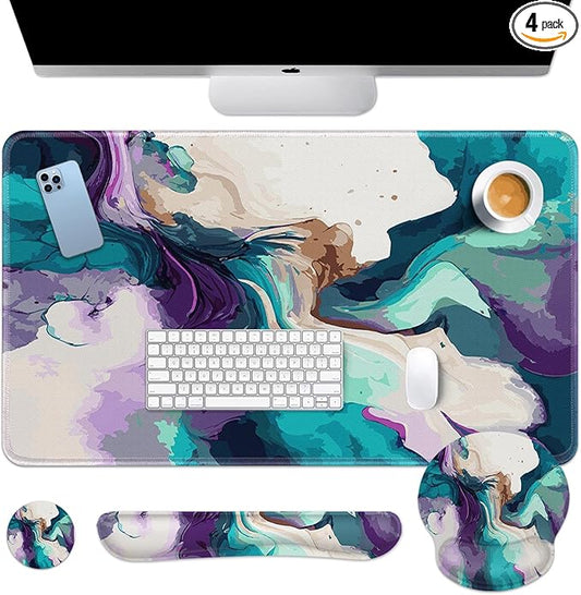 Britimes Teal and Purple Liquid Marbling Keyboard Mouse Pad Set 4in1 Large Mousepad+Keyboard Wrist Rest+Mouse Wrist Rest+Coaster Set with Ergonomic Design for Home Office Computer 35.4x15.7 inches