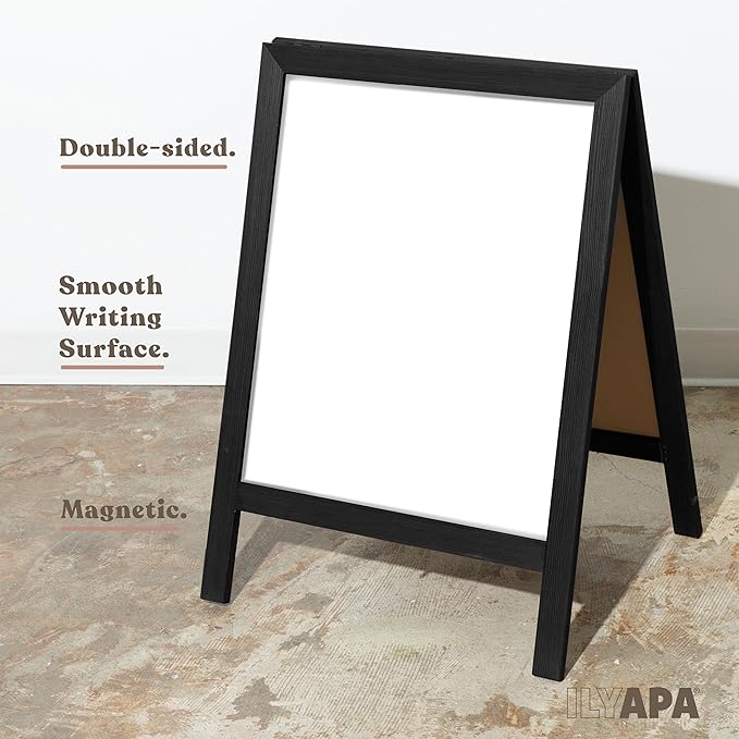 Ilyapa Wooden Dry Erase A Frame Sign - Magnetic Whiteboard Sidewalk Menu Board Outdoor - Menu Display for Restaurant, Food Truck - 31x20 inch - Black