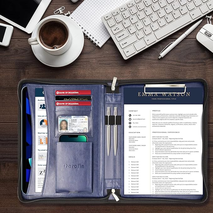Darolin Zippered Leather Padfolio Portfolio with [Hidden Handle] and [Clipboard], Business Conference Organizer Notepad Folder, Portfolio Bag for Women/Men (Blue)