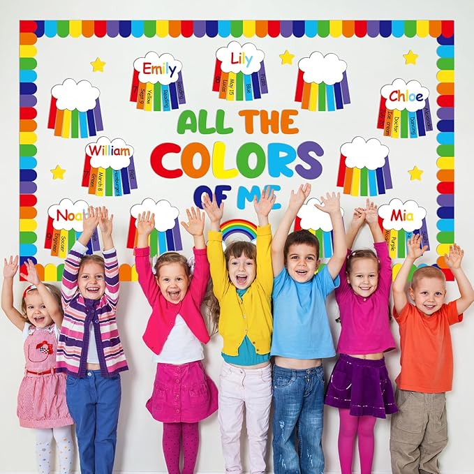 QOUBAI Rainbow Bulletin Board Set Rainbow Welcome Themed Classroom Bulletin Board Decorations Summer Cloud Star Cutouts Classroom Decorations for Back to School Office Home Chalkboard Decor Wall Door