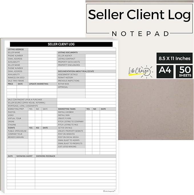 Real Estate Agent Supplies - Home Seller Client Log to include in Listing File Folders. Realtor Log to Track Seller Needs, Home Showings & Agent Activity. 50 Page Notepad. 8.5 X 11. Made in the USA