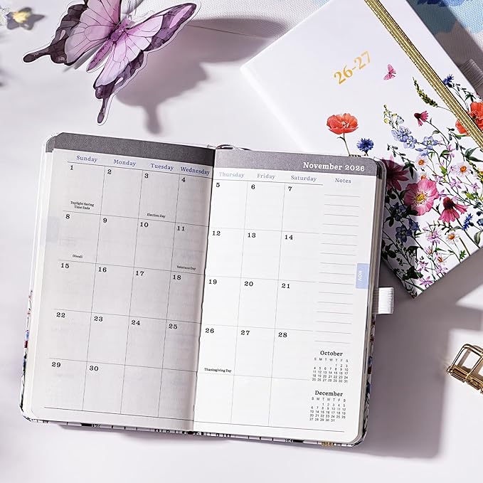 Pocket Calendar 2026-2027 - 2026-2027 Pocket Planner for Purse, Jul. 2026 - Jun. 2027, 6.3''×3.8'', Weekly & Monthly Planner with Pen Loop - Floral