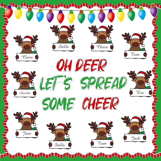 Fuutreo 68 Pcs Winter Elk Bulletin Board Set Winter Reindeer Classroom Decoration Winter Holiday Light Bulb Paper Cutouts Winter Elk Name Tags with Boarders for Wall Party School Decor Supplies