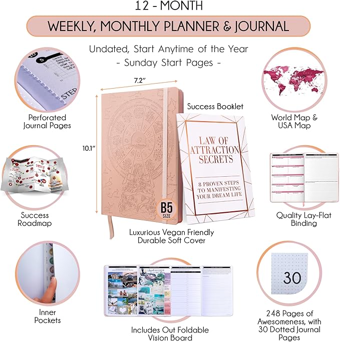 Deluxe Weekly and Monthly Planner | Law of Attraction Planner with Productivity App | 12-Month for Productivity, Gratitude & Goal Setting | Includes Foldable Vision Board, Gift Box & Stickers