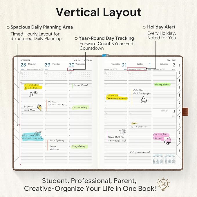 Planner 2026-2027 Weekly & Monthly Planner with Hourly Time Slots, 18 Month Academic Calendar July 2026 – Dec 2027, Vertical Layout, Monthly Tabs, Textured Fabric Hardcover, Coffee