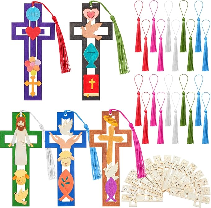 Yexiya 100 Pcs/ 50 Sets Christian Cross Crafts for Kids Wooden Religious Cross Bookmarks with Tassels for Baptism Sunday School Christian Religious Gifts for Vacation Bible Classroom and Church Events