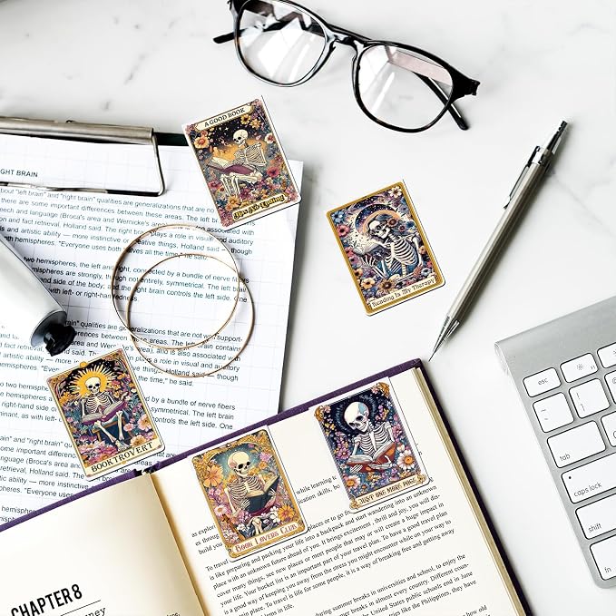 Skeleton Gothic Magnetic Bookmarks - 8 PCs Funny Horror Goth Book Marks Accessories Reading Lovers Cool Unique Fantasy Dark Romance Page Clip Essentials Gifts for Women Men Readers Bookish