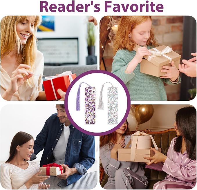 2Pcs Glitter Bookmarks Acrylic Bookmarks for Women Purple Silver Book Marks Bling Iridescent Bookmark with Tassel Resin Book Marks for Reading Presents