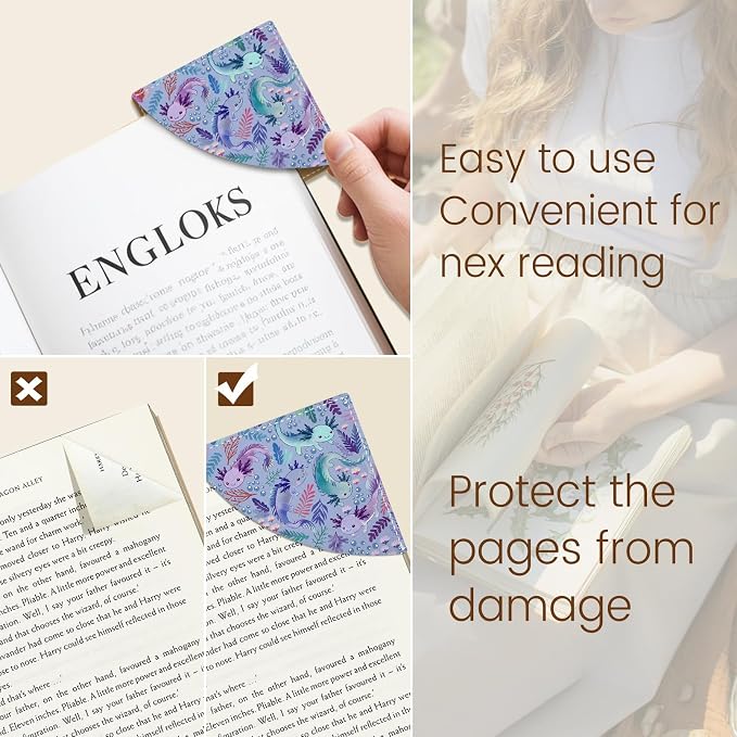 Icycay Axolotls Corner Bookmarks, Cute Leather Book Accessories for Book Lovers, 3 Pcs Reading Book Page Markers for Women Men Student Teacher Girls Boys Kids Retirement Birthday Gifts