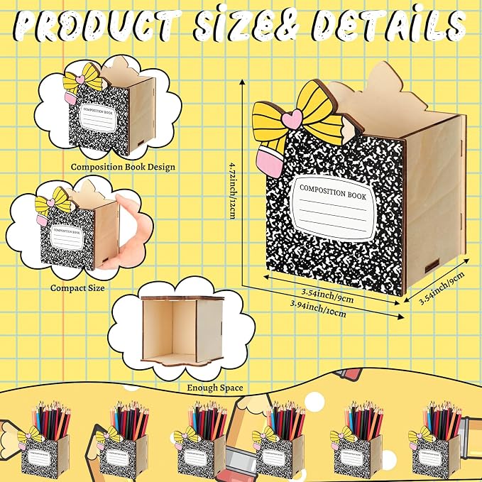Zhehao 6pcs Composition Book Pencil Holders for Desk Back to School Notebook Wooden Pen Storage Organizer, Cute Desktop Pencil Cup, Stationery Pot Bulk for Back to School Classroom Office Supplies