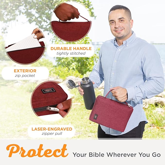 Christian Art Gifts Men/Women's Bible Cover Jesus Fish, Red Canvas, Medium