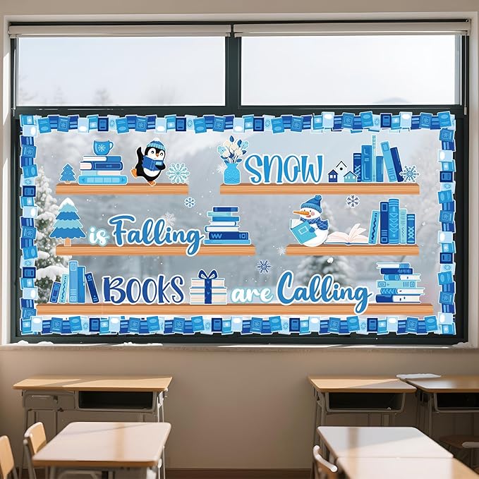 Funrous 60 Pcs Winter Reading Bulletin Board Decorations Set Winter Christmas Library Bulletin Boards Snowman Penguin Books Paper Cutouts for Xmas Holiday Party School Classroom Home Wall Decorations