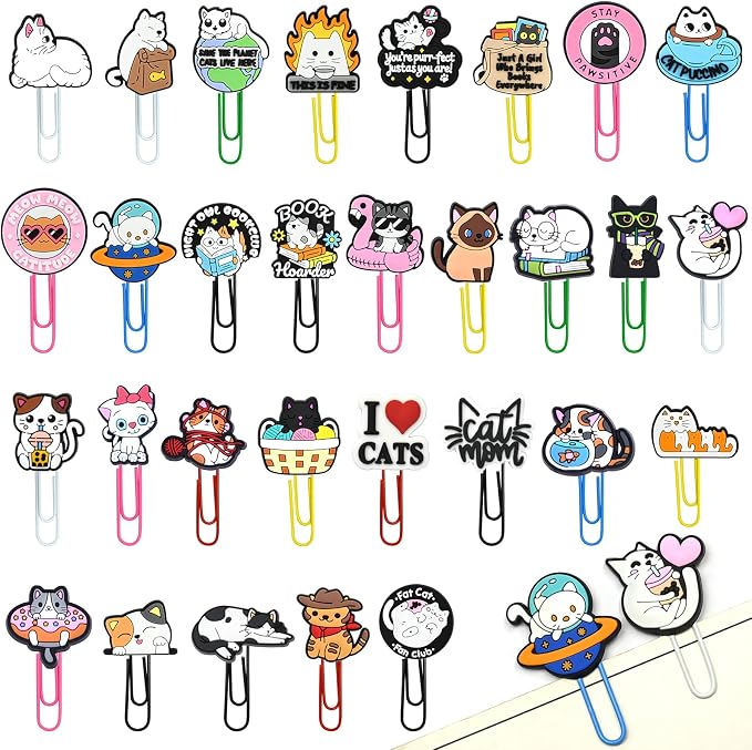 Cute Paper Clips, 30Pcs Cute Cat Bookmark Paperclips Bulk Metal Fun Cute Animal Planner Clip Charm Clamp Desk Accessories Stationery Colorful Office Supplies gifts for Student Teacher Party Decorative