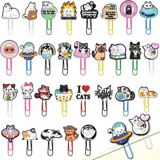 Cute Paper Clips, 30Pcs Cute Cat Bookmark Paperclips Bulk Metal Fun Cute Animal Planner Clip Charm Clamp Desk Accessories Stationery Colorful Office Supplies gifts for Student Teacher Party Decorative