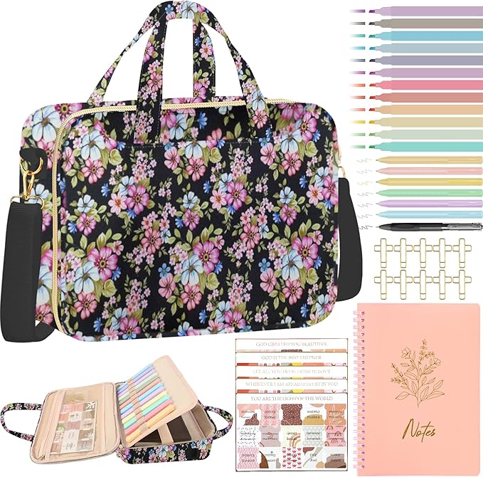 PUGPIU Bible Cover Case for Women, Large Quilted Bible Bag with Shoulder Strap and Handle, Bible Study Supplies Journaling Kit with Highlighters Pens No Bleed Tabs Notebook Cross Clips (Floral)