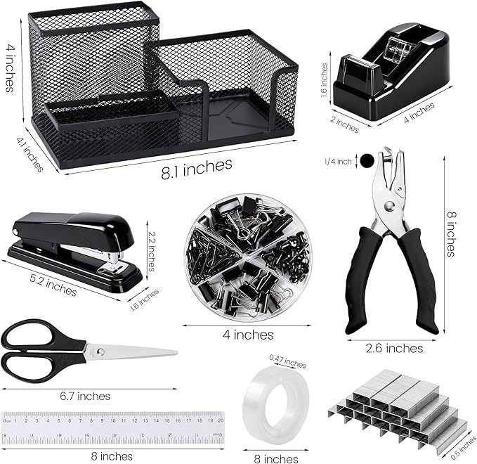 Black Office Desk Accessories, 9 Pcs Desk Organizers and Accessories with Mesh Pen Holder, Stapler, Tape Dispenser, Hole Punch, Office Supplies Set for Office Home School Women Students Gift