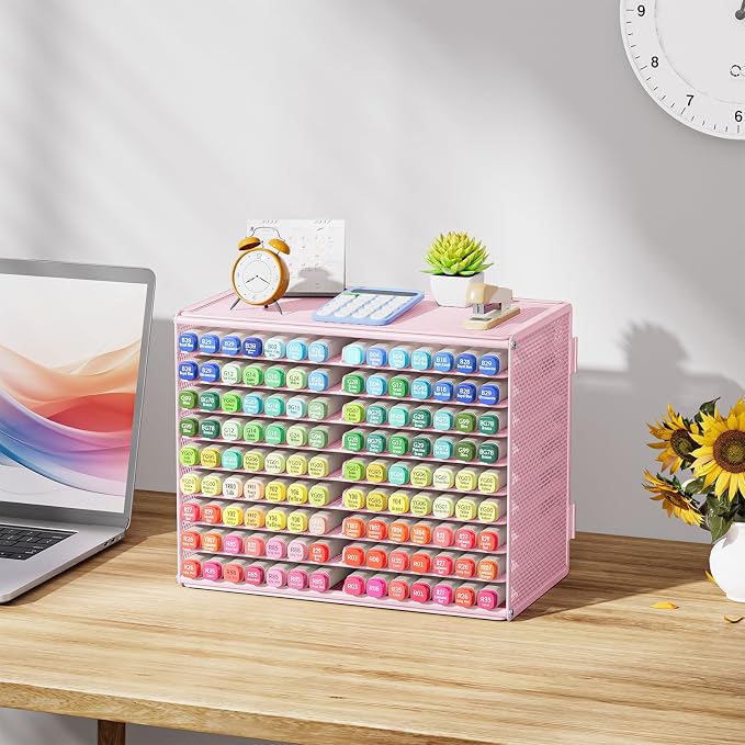 Marbrasse Mesh Marker Organizer, Metal Desktop Storage Rack for 126 Markers, Pens, Pencils, 9 Tier Marker Holder for Office Classroom & Home Art Supplies(Pink)