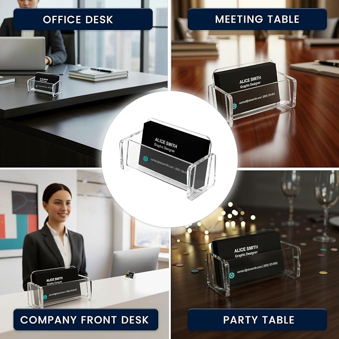 Acrylic Business Card Holder | Clear Business Card Organizer for Horzontal Cards | Plastic Business Card Display for Desk Organization | Office Desk Accessories