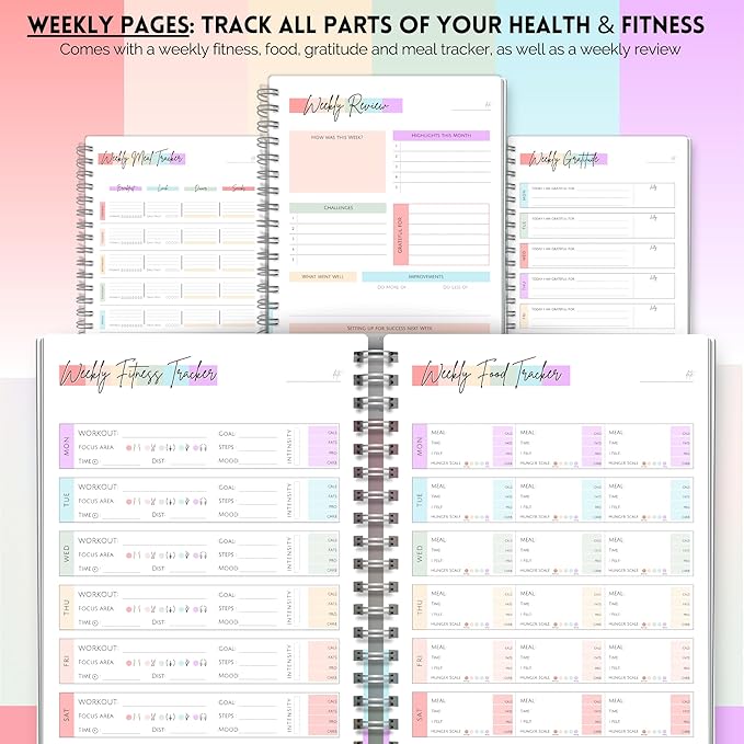 Wellness Journal - 90 Day Health, Fitness, Gratitude, Mindfullness, Wellbeing, Habit, Goals, Diet & Food Tracker - A5 (Pastel Rainbow)
