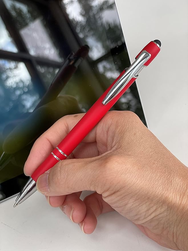 Pack of 5 Rubberized Comfort Soft Touch 2 in 1 Ballpoint Pen Capacitive Stylus Tip, Premium Metal Medium Point, Black Ink, Compatible with Most Touch Screens (Red)