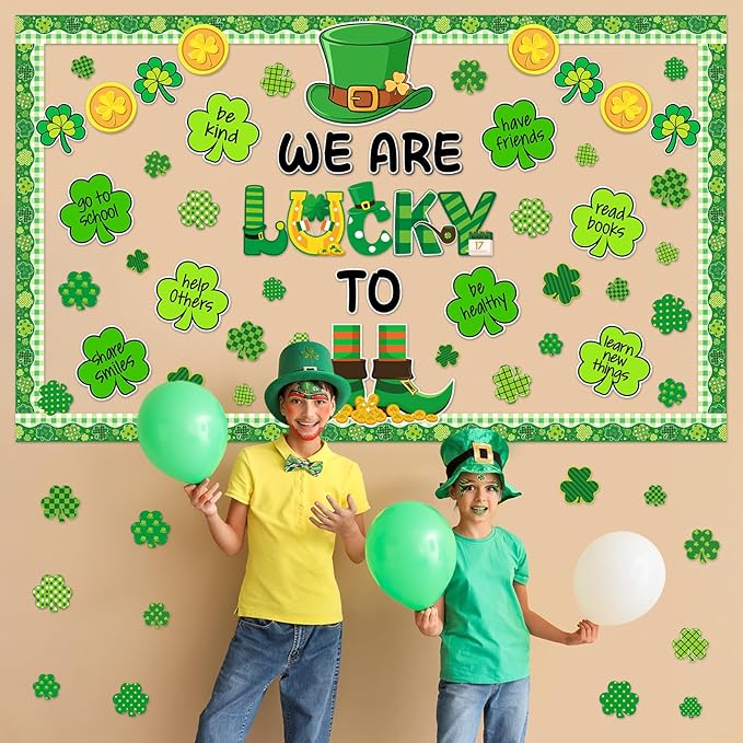 St. Patrick's Day Bulletin Board Set Inspirational Shamrock Classroom Decoration Lucky Shamrock Bulletin Board Leprechaun Gold Coin Cutouts for Irish Holiday Classroom Nursery Chalkboard Wall Decor