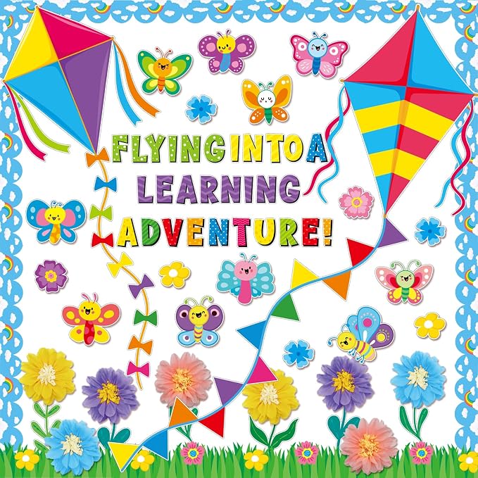 109 PCS Spring Bulletin Board Decorations Set Spring Flower Kite Cutouts with 3D Tissue Paper Pompoms Back to School Classroom Decor Colorful Floral Butterfly Decor for School Office Home Wall Supply