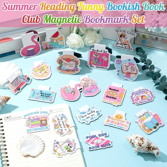 20Pcs Summer Reading Magnetic Bookmarks Cute Vacation Funny Book Club Bookmarks, Summer Poolside Reading Bookish Page Marker Clip Readers Accessories for Book Lover Graduation Back to School Gift
