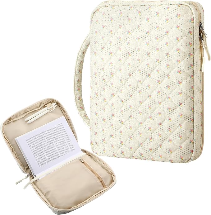 Aliceset Large Bible Cover Case for Women, Beige Floral Quilted Cotton Bible Carrying Case Organizer Bag with Handle and Zipper, for Christian Easter Gifts, Study Supplies Accessories