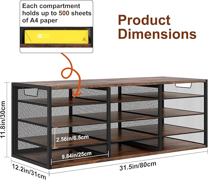 TQVAI 12 Compartments Desktop Literature Organizer, Metal Frame Paper Sorter with Handles, Heavy Duty Mailbox for Classroom and Office, Wood File Organizer for Document, Bill, Magazine, Antique Brown