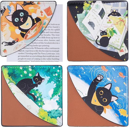 4Pack Bookmarks Cute Black Cat Themed Corner Page Markers Rural Style Artificial Leather Book Page Holders for Reading,Teachers Students Book School Office Accessories