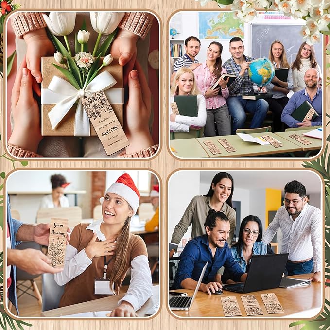Resurhang 50 Pcs End of Year Classroom Gifts Bulk Wood Inspirational Bookmarks with Floral Encouraging Team Thank You Gift for Women Employee Coworker Paraprofessional Colleagues Teachers