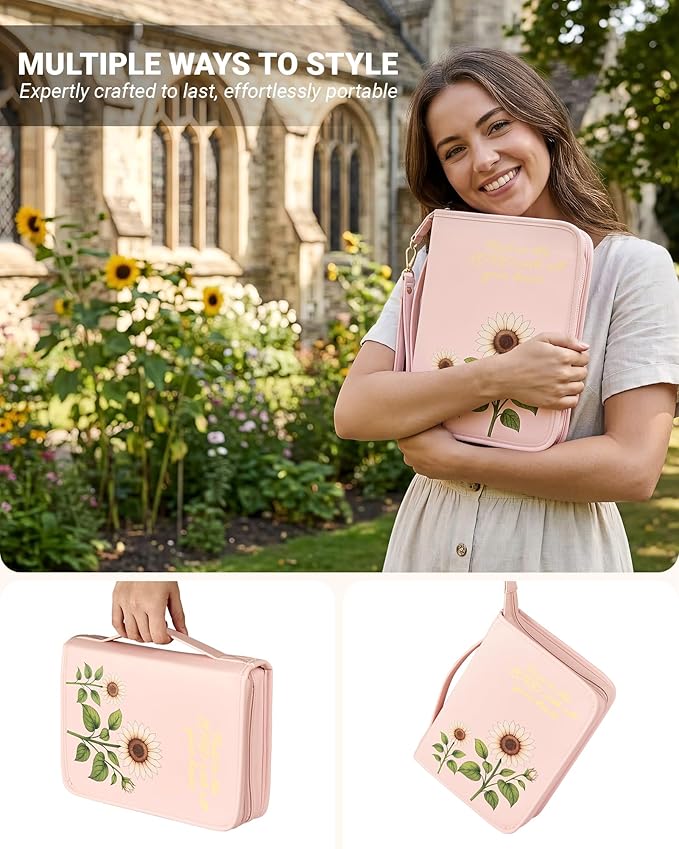 Bible Cover Case for Women, Large PU Leather Bible Bag with Multiple Pockets, Reinforced Handle and Wrist Strap, Zippered Organizer for Bible Study and Church, Gift for Her, Pink
