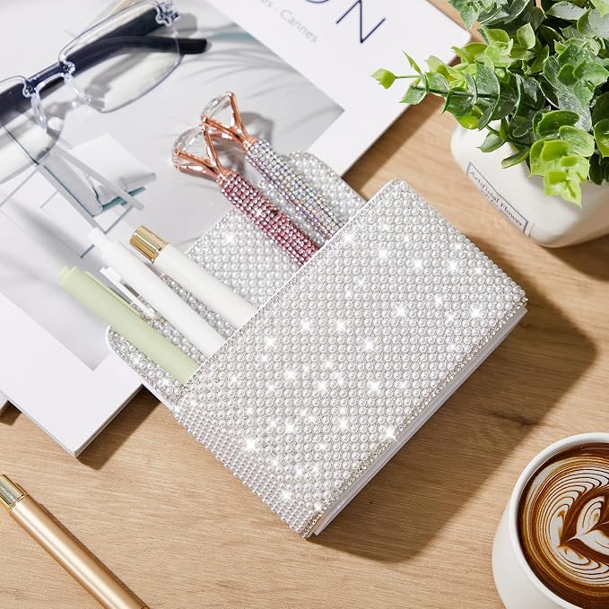 MotiMind White Locker Accessories for Girls, Bling Magnetic Pen Holder for Refrigerator, Back to School Rhinestone Marker Holder for Locker, Sparkly Gift for Student (Medium,Pearl)