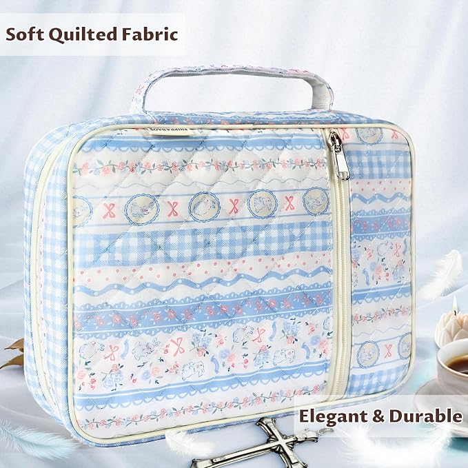 shirabags Quilted Bible Cover Case for Women - Elegant Cotton Bible Bag Bible Book Cover for Study, Church, Christian Gifts for Women(Blue Rabbit, M)