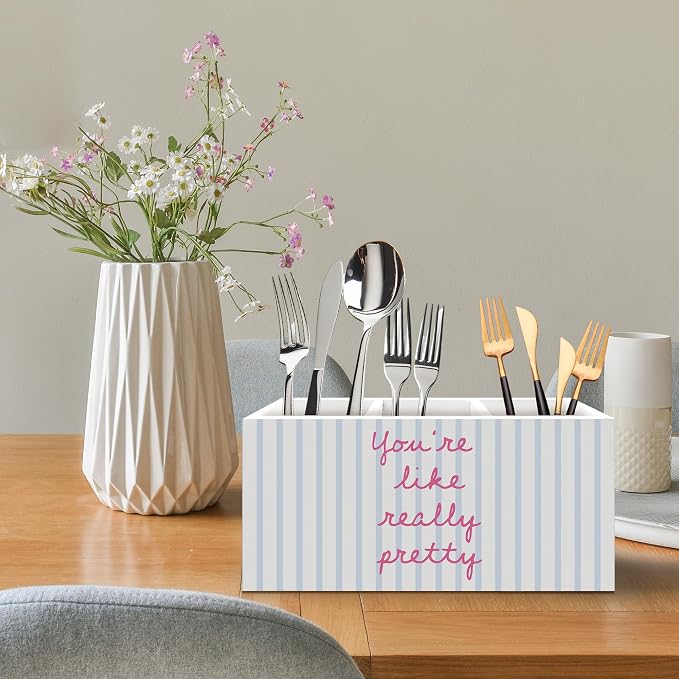 Inspirational Pen Holder, Positive Affirmations Office Pen Pencil Holder Organizer for Desk Accessories, Preppy Striped Wooden Box Desk Decor for Girls Room Bedroom Dorm Desk Decorations