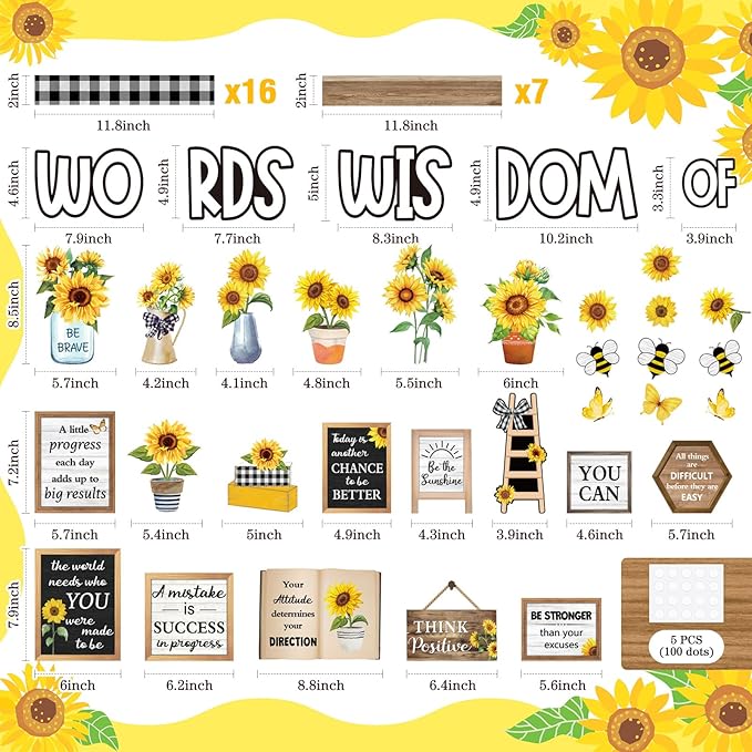 Mooliwe 57 Pcs Sunflower Bulletin Board Set Inspirational Flower Bulletin Board Decoration Positive Cutout Classroom Decoration for School Office Home Teacher Classroom Wall Supplies