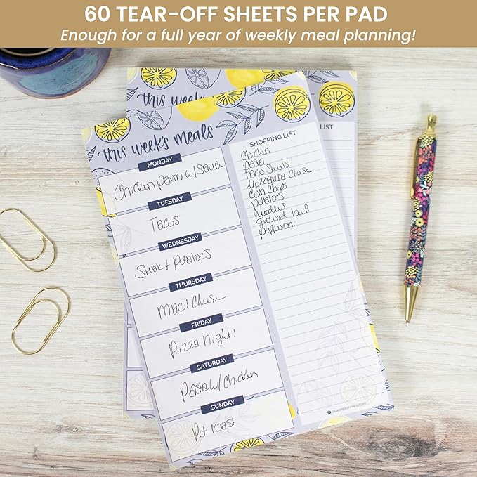bloom daily planners Weekly Magnetic Meal Planning Pad for Fridge with Tear-Off Grocery Shopping List - Hanging Food/Menu Organizer Notepad with Magnets - 6” x 9" - Lemons