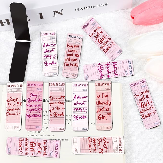 Library Card Magnetic Bookmarks Gifts - Wxiben 30 Pcs Fully Vintage Paper Bookmark Pink Retro Quotes Book Page Magnet Markers Clips for Women Book Lovers Reading Office Bookish Party Favors