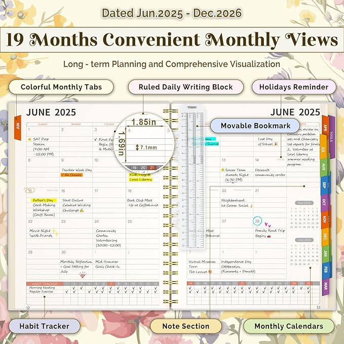 8.5 x11 Academic Planner 2025-2026, June 2025 - Dec 2026 Weekly and Monthly Planner with Colorful Tabs, 19 Months Hardcover College Daily Calendar Organizer for Student Teacher (Floral)