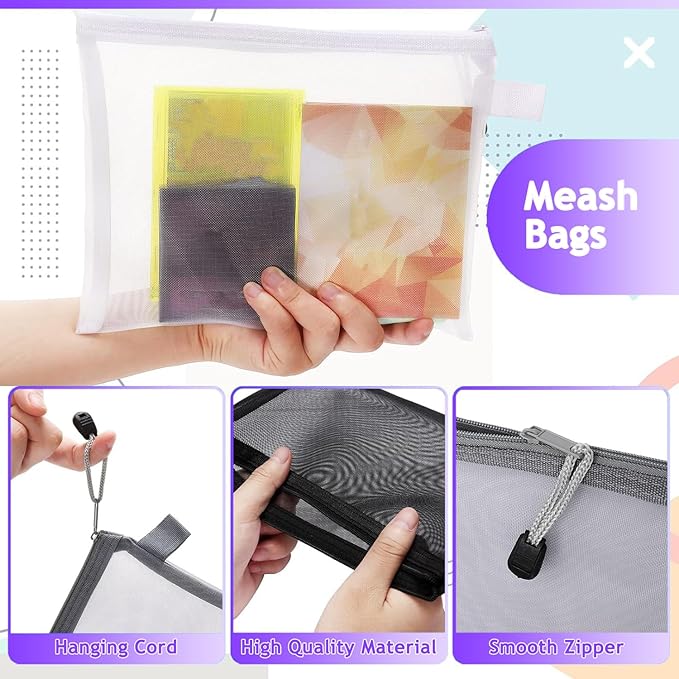 15-Piece Nylon Mesh Zipper Pouch Set - Black Makeup Bags, Cosmetic Pouches, Travel Bags (9.5 x 7.5 Inch)