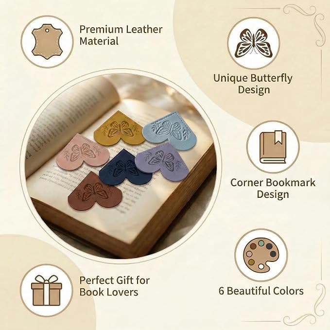 Leather Heart Bookmarks for Reading Women - 6 Pcs Butterfly Embossed Corner Page Bookmarks, Cute Book Marks Gift for Book Lovers Teachers Students Kids, Butterfly Gifts for Women Readers Accessories