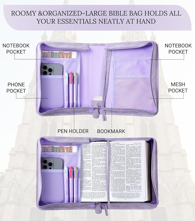 Vegan Leather Bible Cover for Men & Women, Bible Case with Gift Box, Christian Catholic Religious Bible Gifts (Purple)