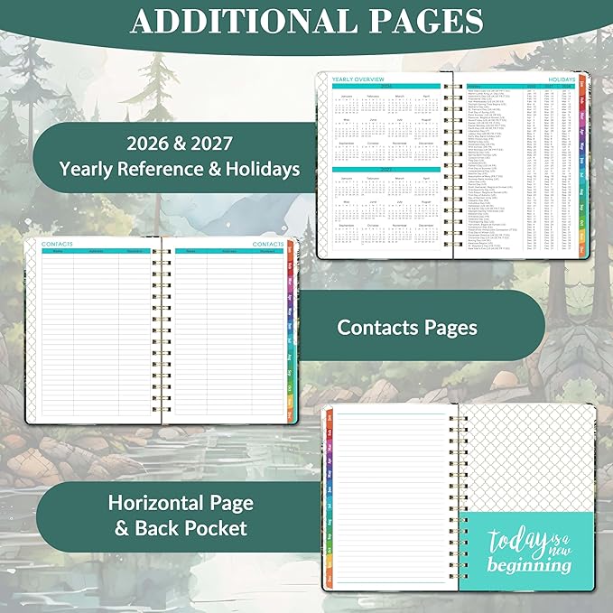 2026 Planner - 2026 Planner Weekly and Monthly, Jan 2026 - Dec 2026, 6.3” x 8.4”, 2026 Calendar Planner, Twin-Wire Binding, Inner Pocket, Colorful Monthly Tabs, Elastic Closure, Contacts, Holidays
