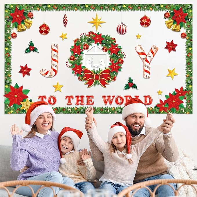 Christmas Nativity Bulletin Board Decorations Religious Joy to The World Classroom Decoration Christian Xmas Wreath Cutouts for Winter Holiday Home Office Church Sunday School Chalkboard Wall Supplies