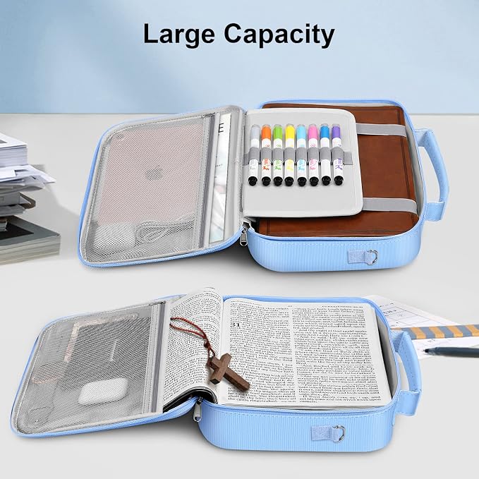 FINPAC Large Bible Cover w/Shoulder Strap, Carrying Book Case Church Bag Bible Protective w/Pen Slots and Zippered Pocket, Gift for Women Lady, Pastel Blue