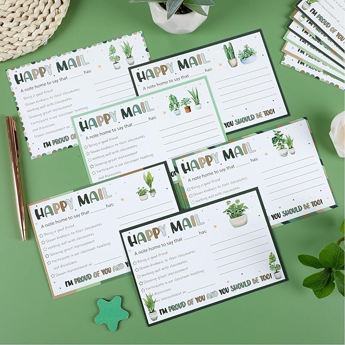 60Pcs Greenery Happy Mail Teacher Notes to Parents Classroom Good Behavior Incentive Motivational Cards Positive Postcards to Send Home for Classroom Kindergarten Elementary School