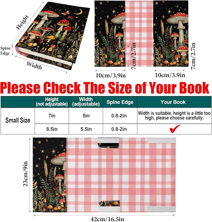 Mushroom Adjustable Paperback Book Cover Protector, Washable Soft Canvas Fabric Book Covers with Bookmark,Double Side Print Book Dust Jacket Covers for Hardcover Bible Novel Book Lovers Gift S